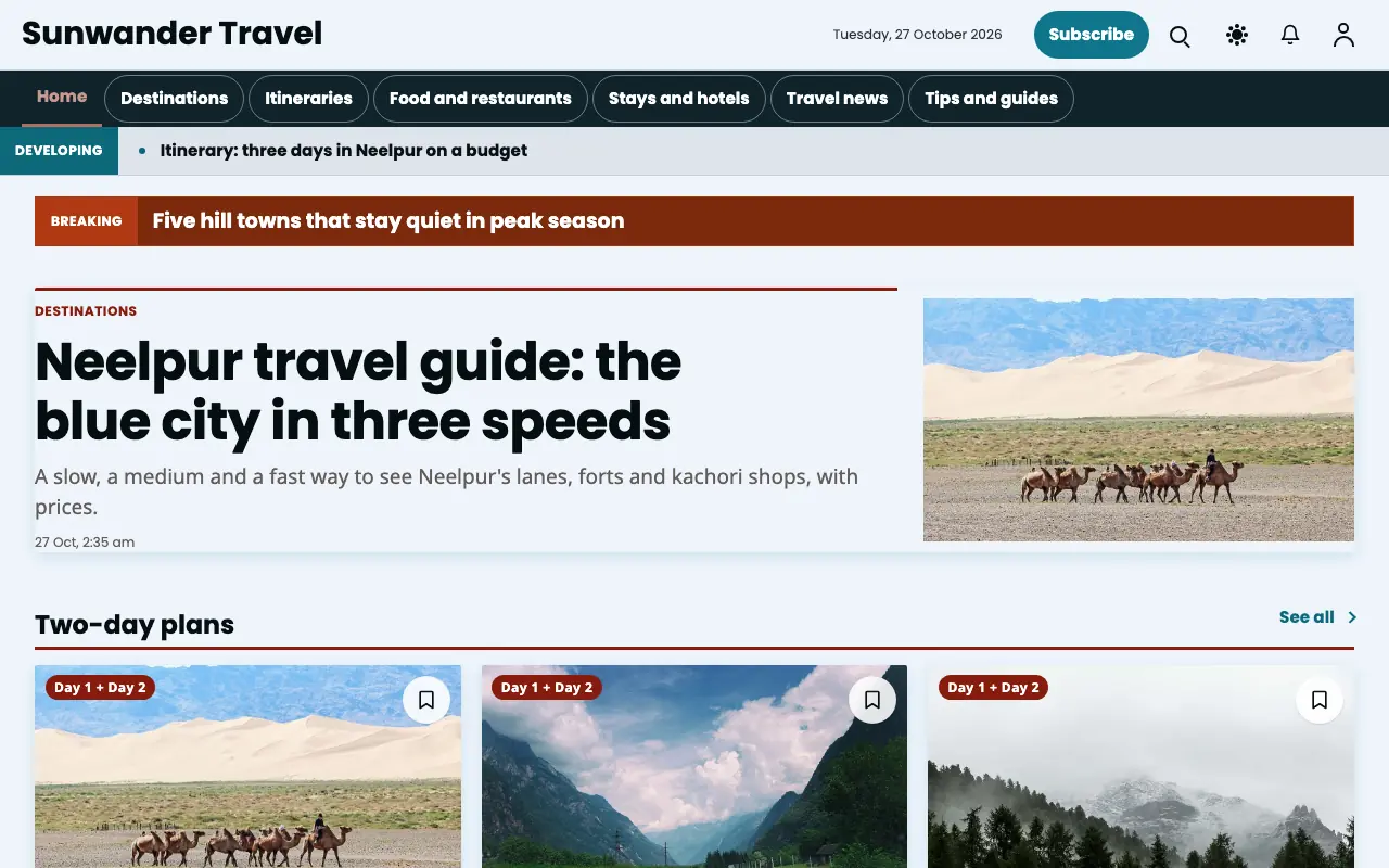 Sunwander — Travel News website template, full desktop view