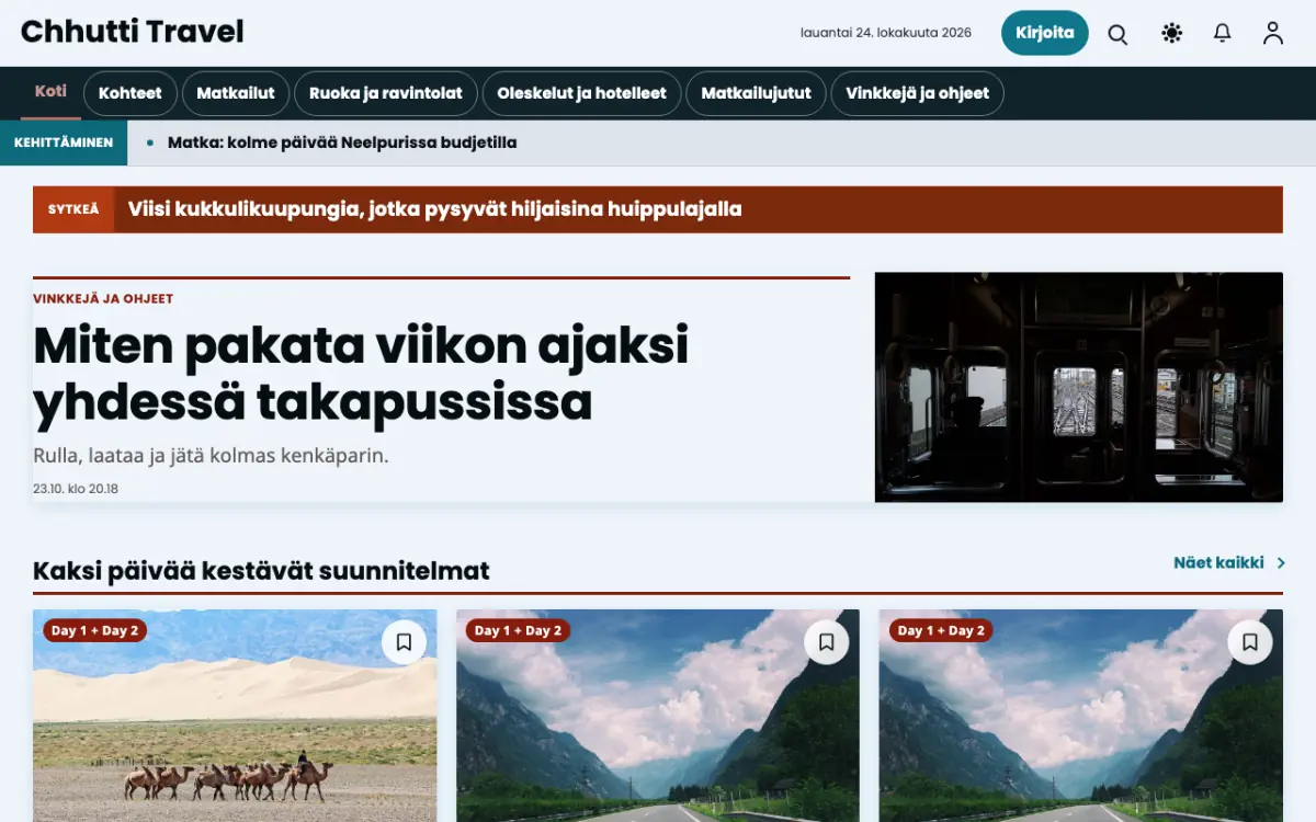 Sunwander – verkkosivumalli (Matkailu News), työpöytänäkymä