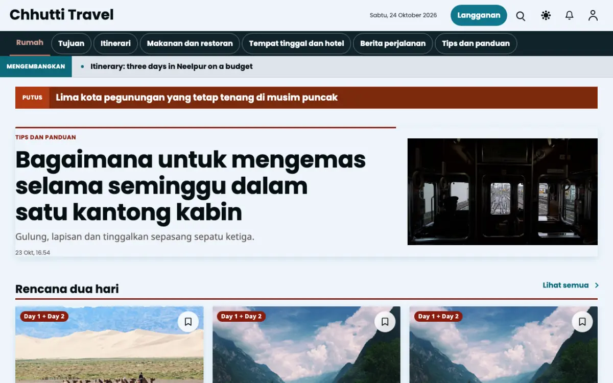 Sunwander — template situs Berita Wisata, tampilan desktop