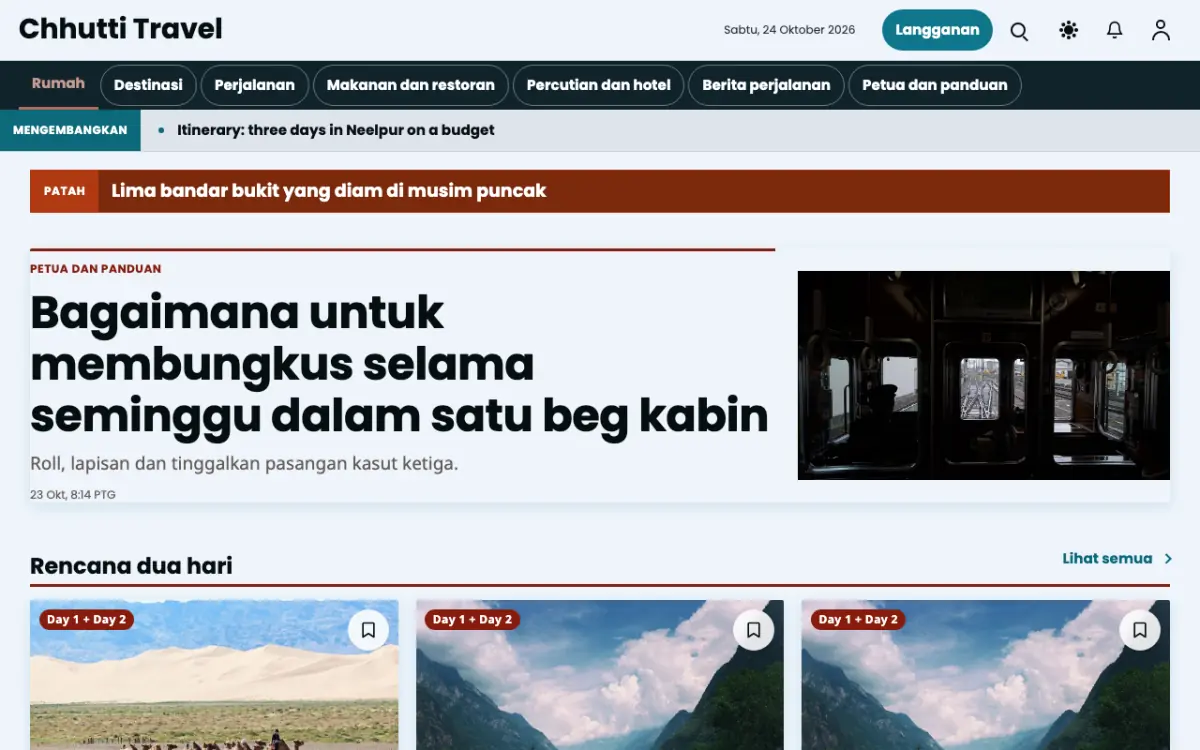 Sunwander — templat laman web Berita Pelancongan, paparan desktop