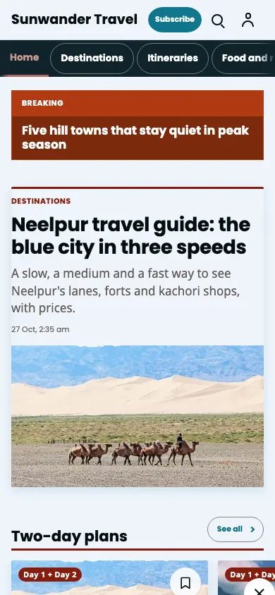 Sunwander — Travel News app, phone view