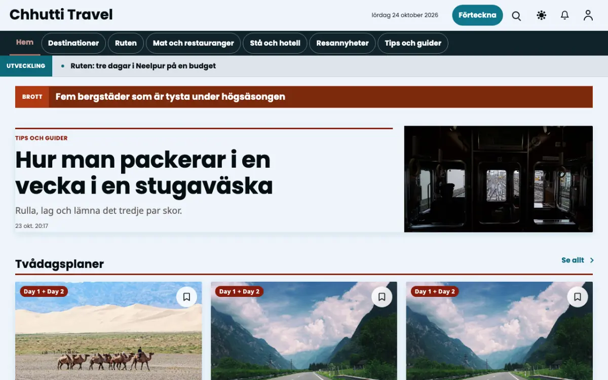 Sunwander – webbplatsmall för Resor News, skrivbordsvy