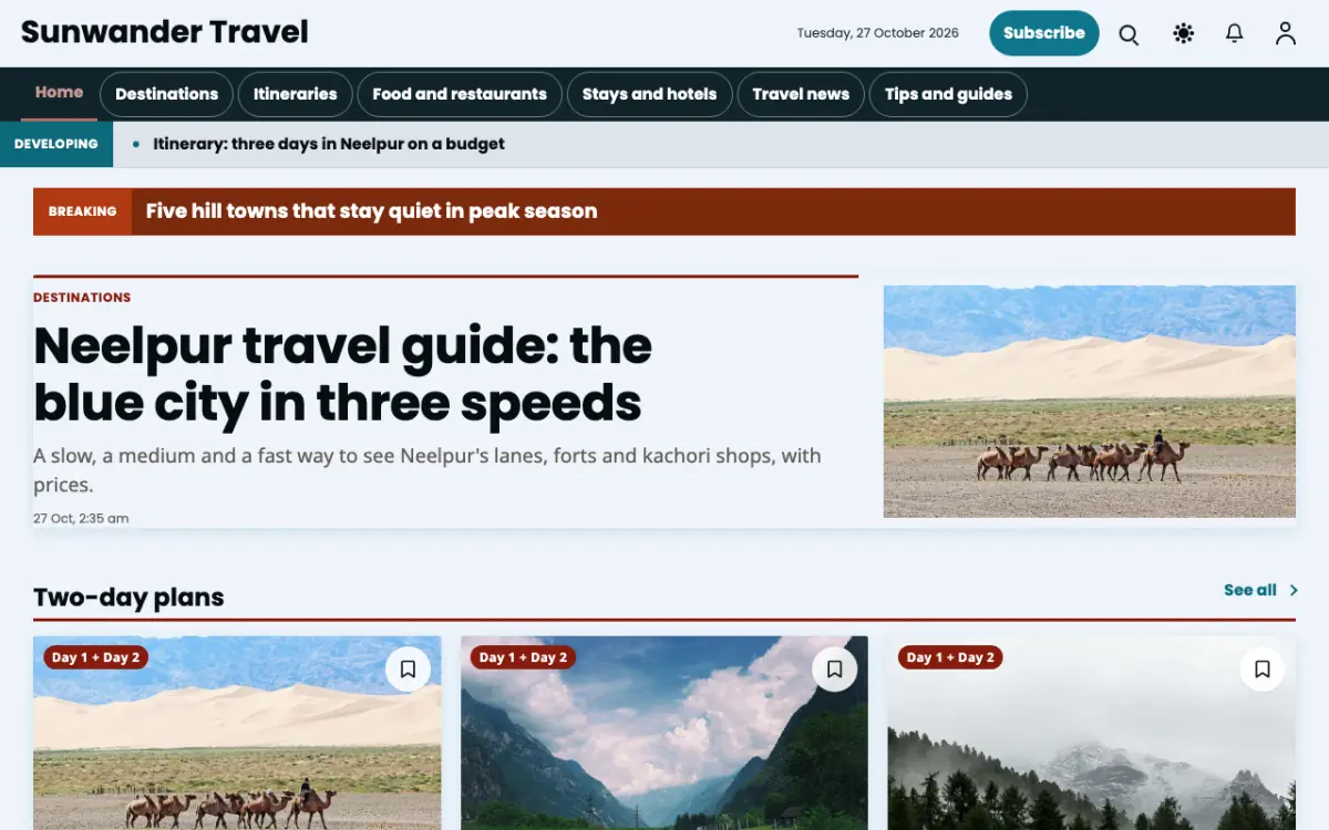 Sunwander — Travel News website template, desktop view