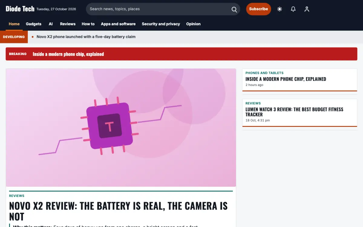 Diode — Technology News website template, desktop view