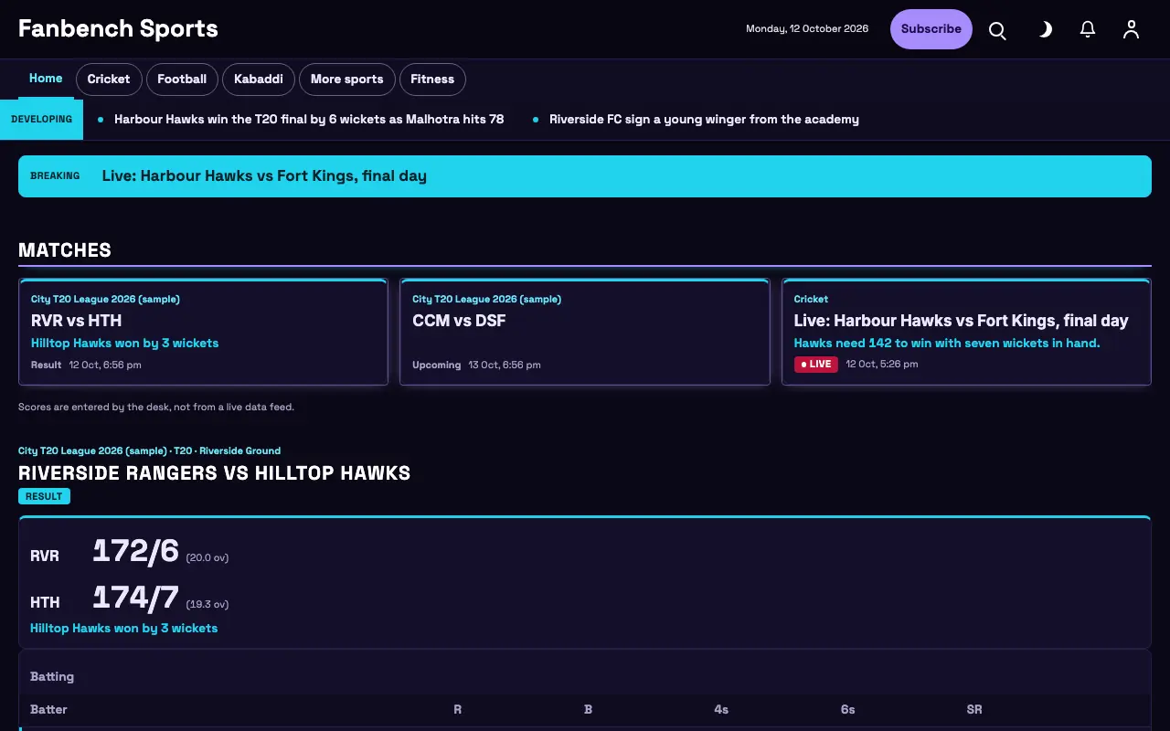 Fanbench — Sports News website template, full desktop view