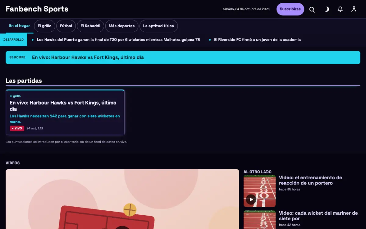 Fanbench — plantilla de sitio web de Noticias de Deportes, vista de escritorio