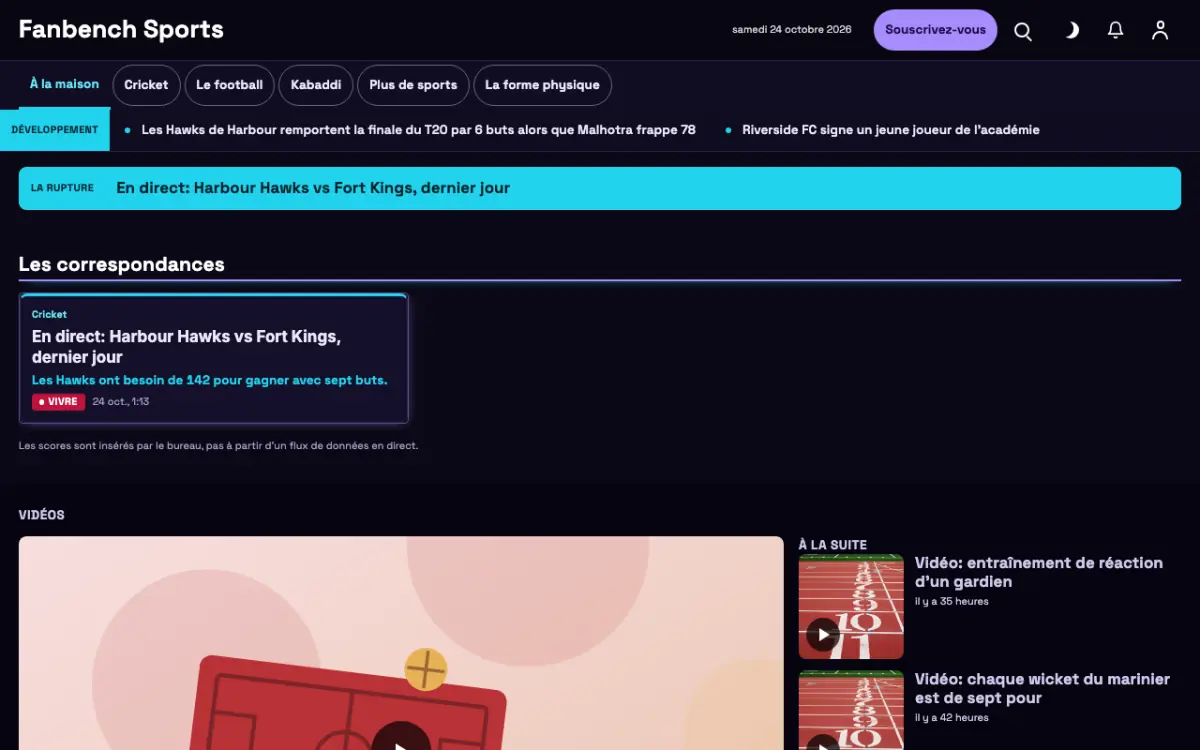 Fanbench — modèle de site web Actualités Sport, vue sur ordinateur