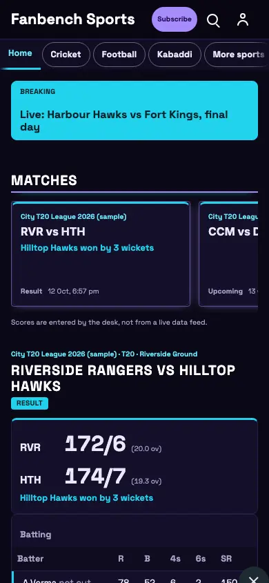 Fanbench — Sports News app, phone view