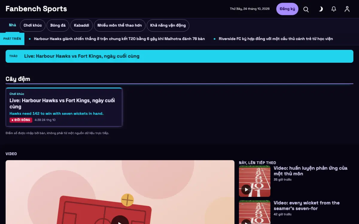 Fanbench — mẫu website Tin Thể thao, giao diện máy tính