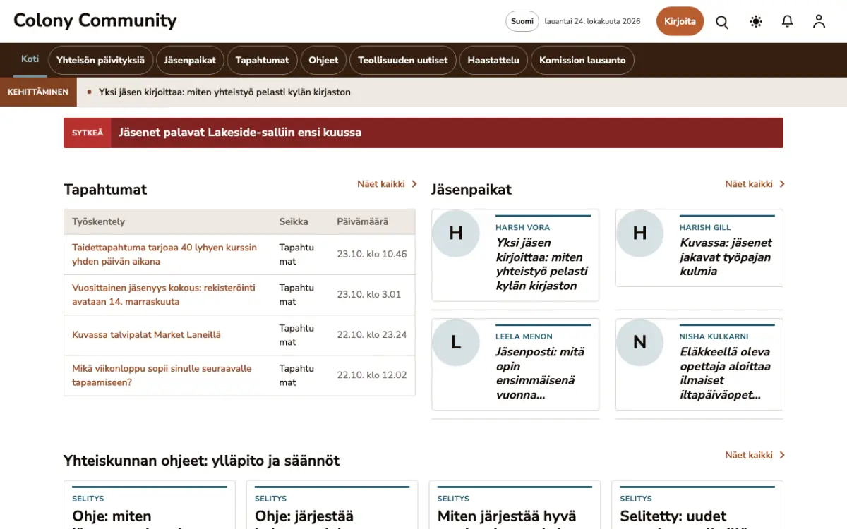Colony – verkkosivumalli (Yhteisö News), työpöytänäkymä