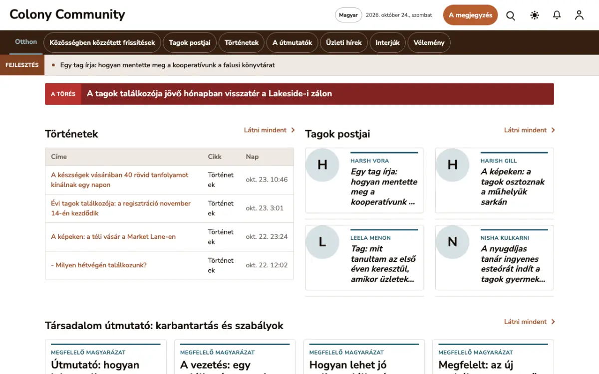 Colony — Közösség: hírek weboldalsablon, asztali nézet