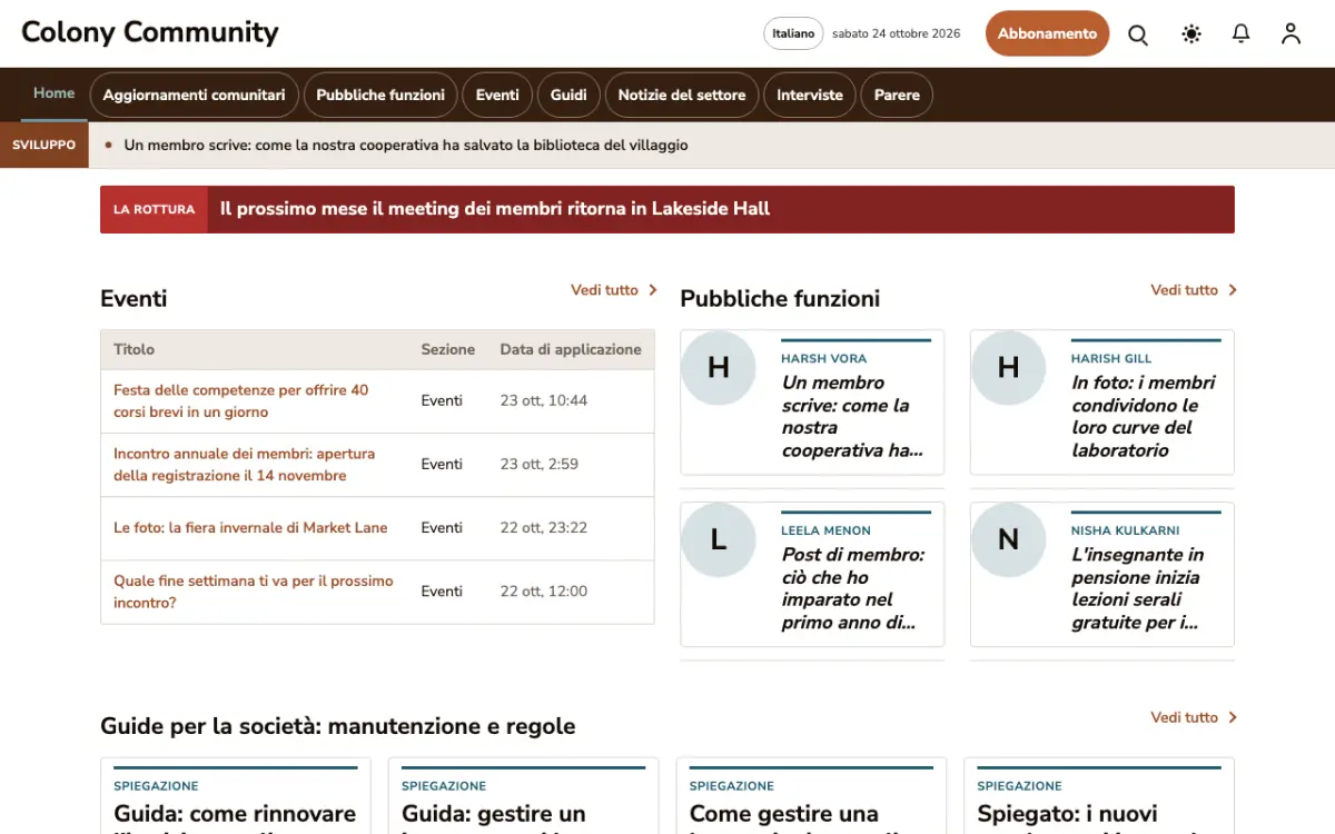 Colony – template di sito per News Comunità, vista desktop