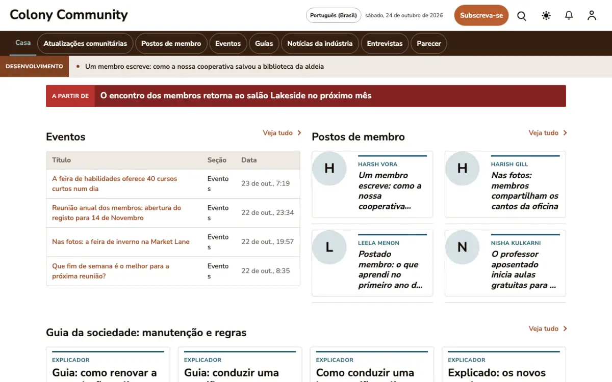 Colony — modelo de site de Notícias de Comunidade, visualização em desktop