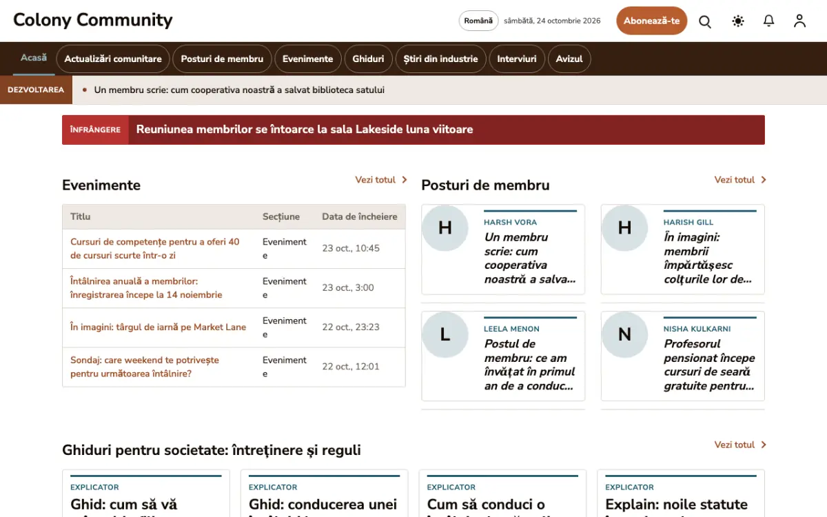 Colony – șablon de site pentru Știri Comunitate, vedere pe desktop