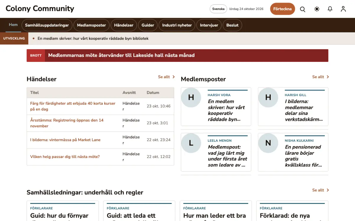 Colony – webbplatsmall för Gemenskap News, skrivbordsvy