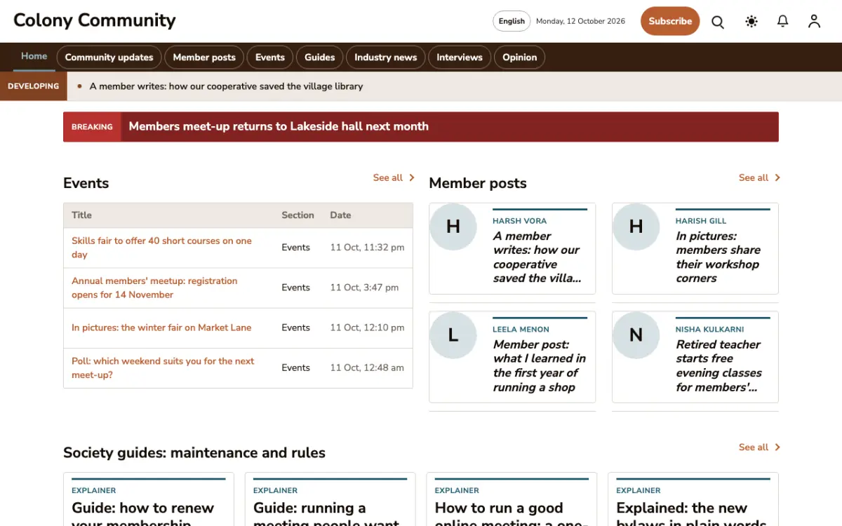 Colony — Community News website template, desktop view