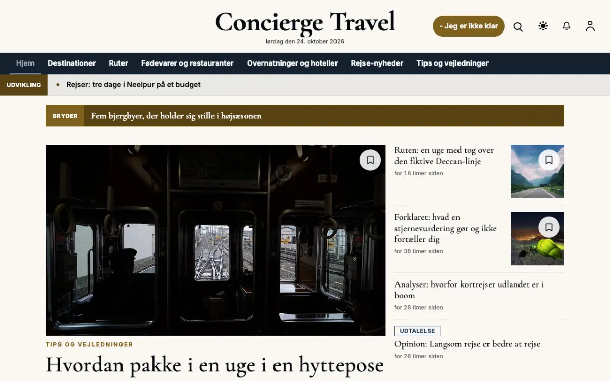 Concierge – hjemmesideskabelon til Rejser News, skrivebordsvisning