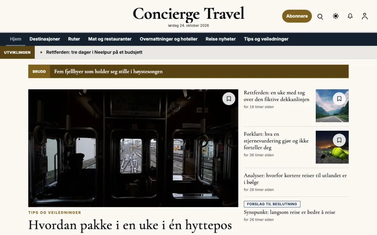 Concierge – nettstedmal for Reise News, skrivebordsvisning