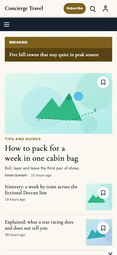 Concierge — Travel News app, phone view