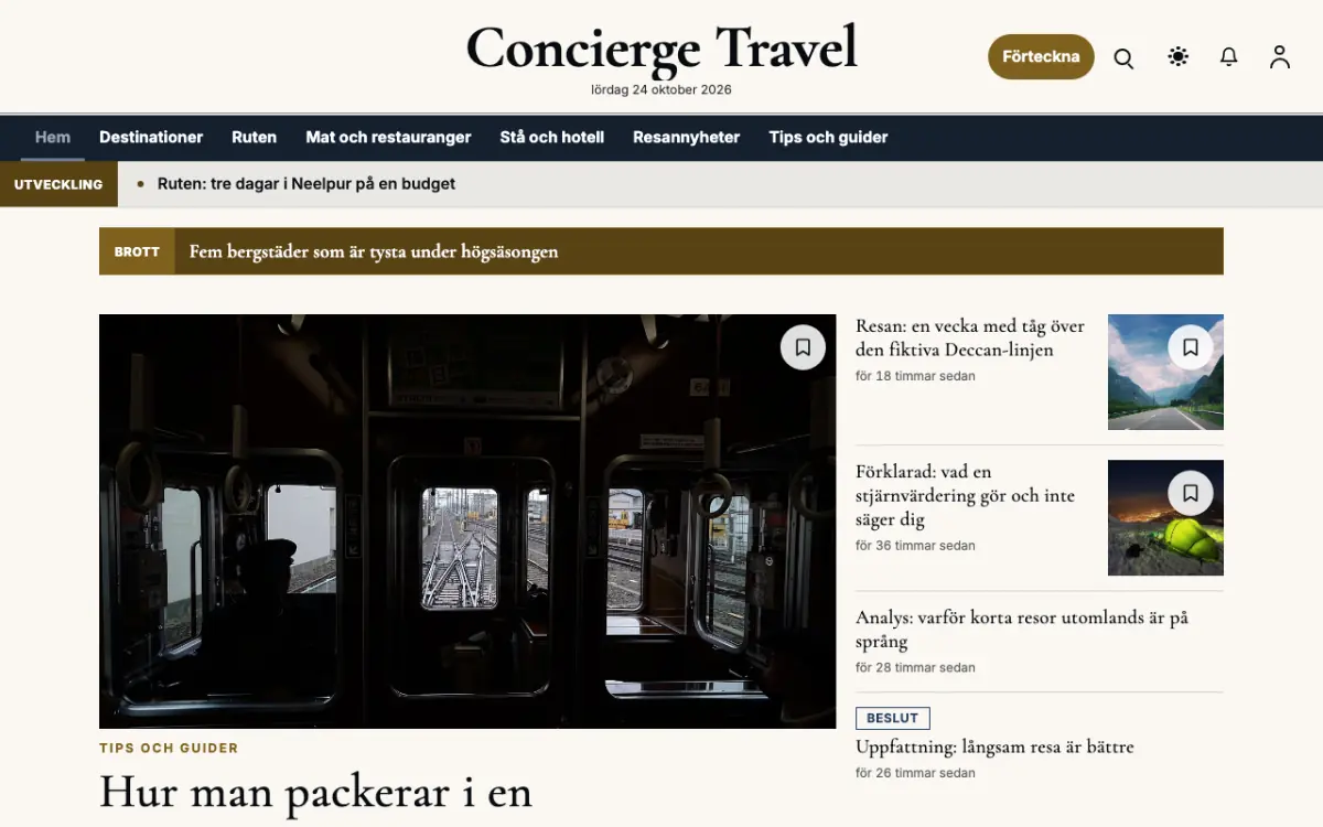 Concierge – webbplatsmall för Resor News, skrivbordsvy