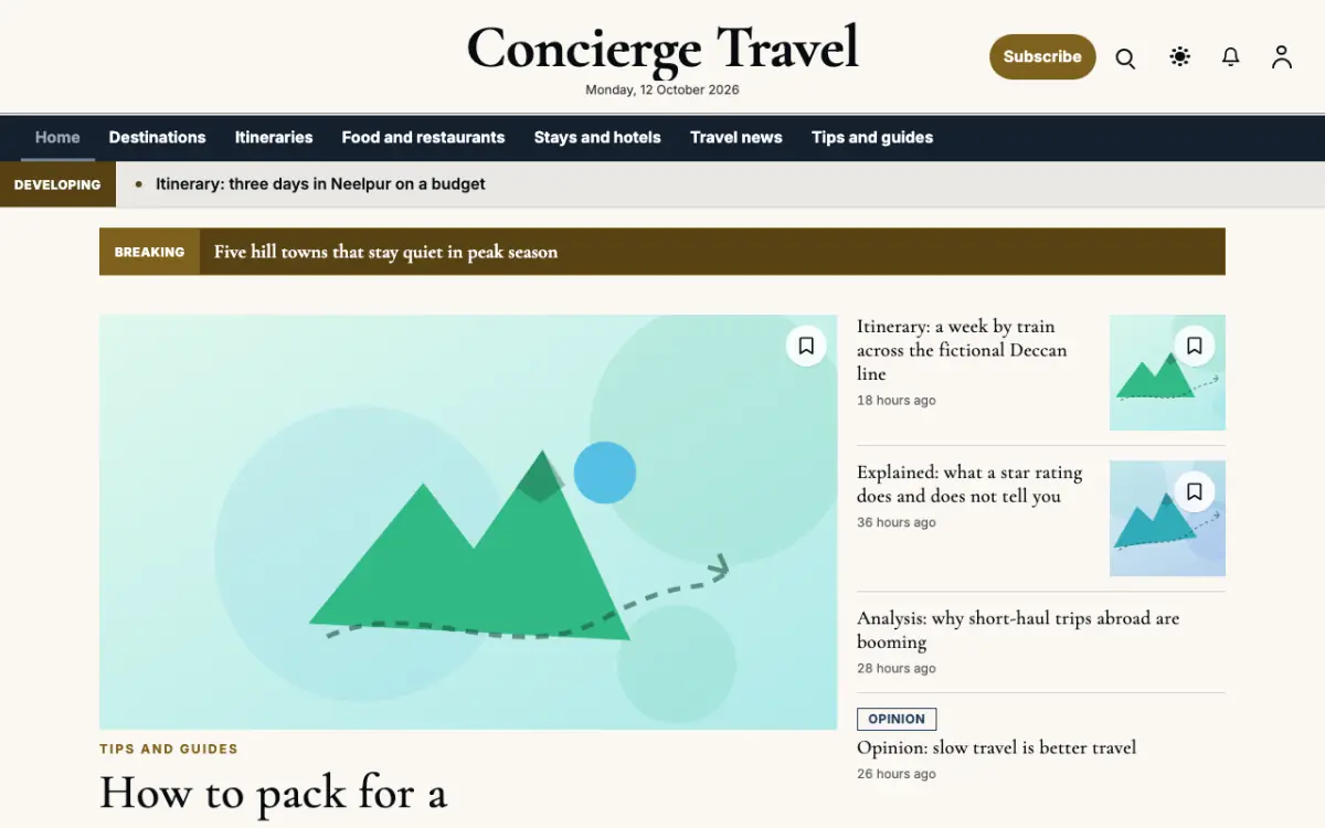 Concierge — Travel News website template, desktop view