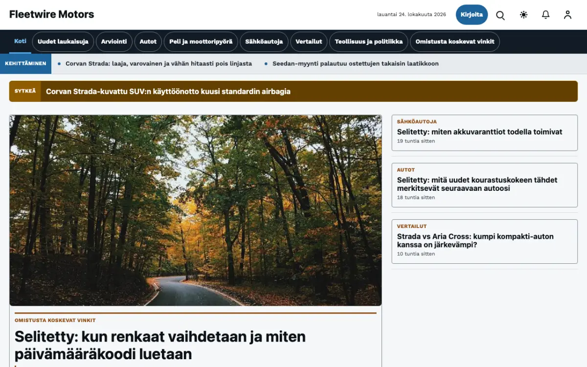 Fleetwire – verkkosivumalli (Autot News), työpöytänäkymä