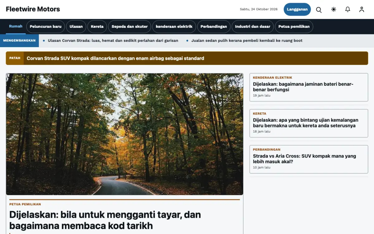 Fleetwire — templat laman web Berita Automotif, paparan desktop