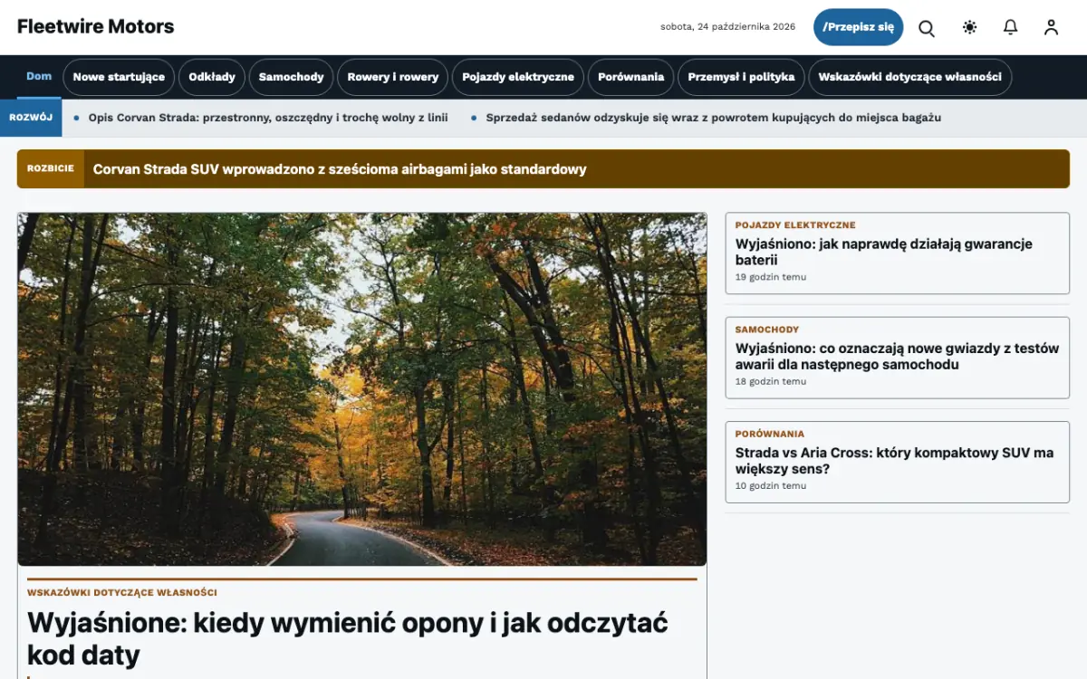 Fleetwire – szablon strony (Motoryzacja: wiadomości), widok na komputerze