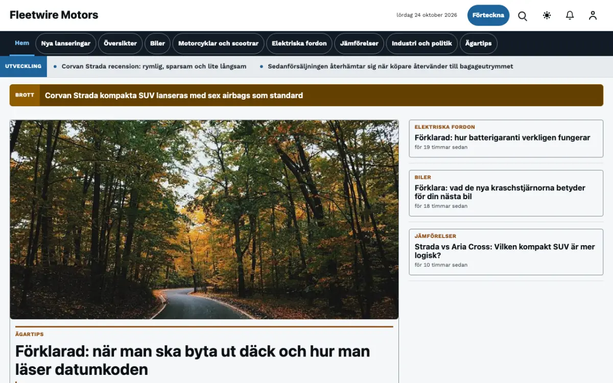 Fleetwire – webbplatsmall för Fordon News, skrivbordsvy