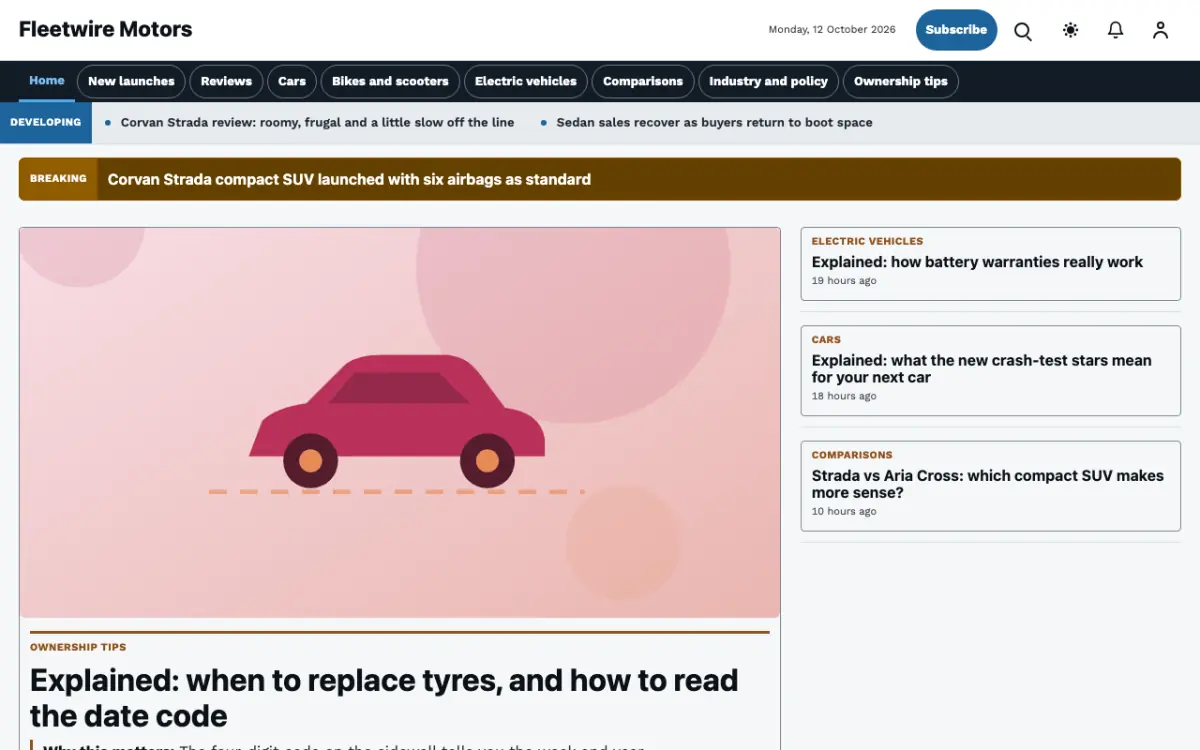Fleetwire — Automotive News website template, desktop view
