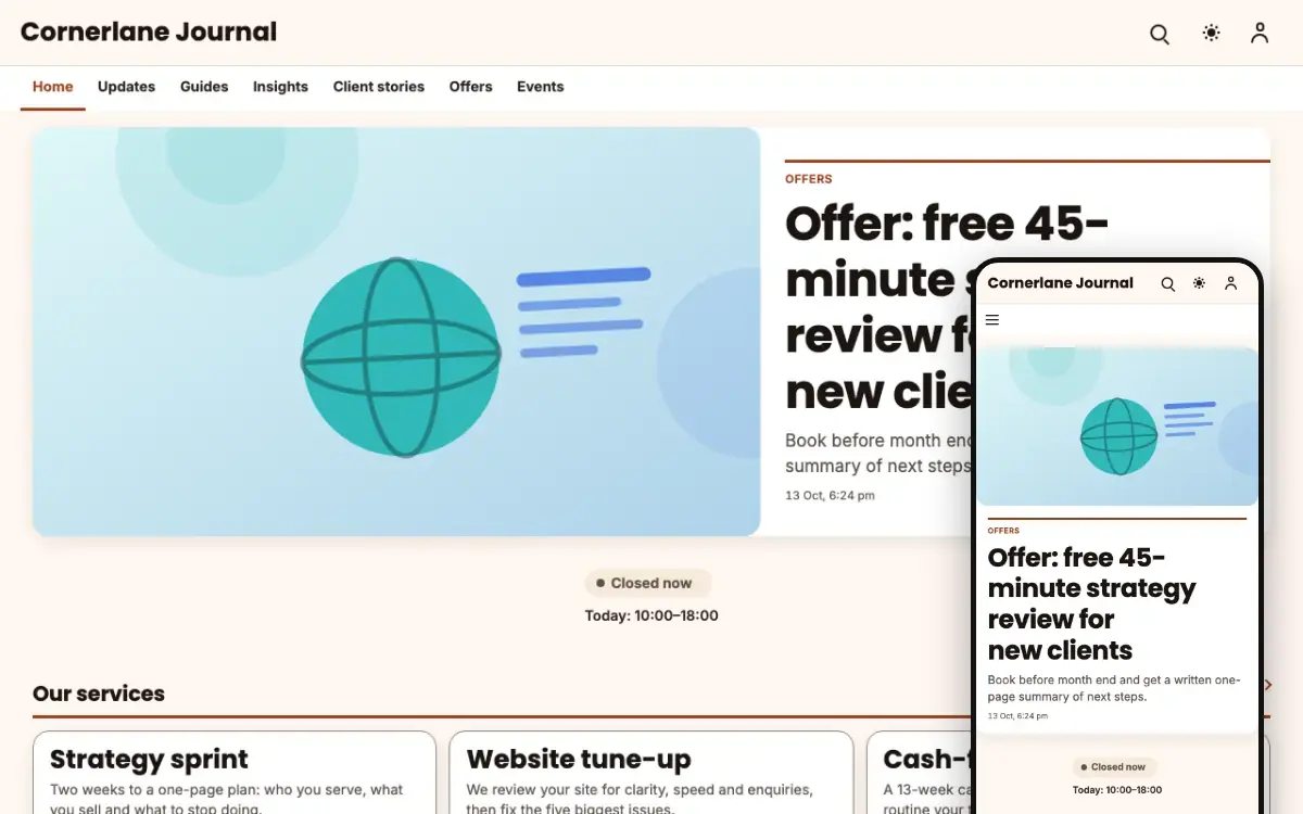 Cornerlane – hjemmesideskabelon til Blog, skrivebordsvisning