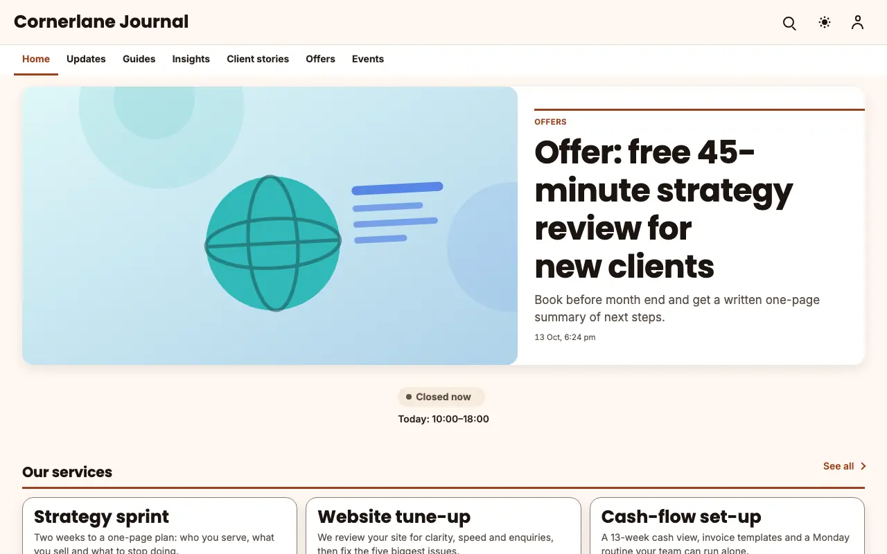 Cornerlane — Blog website template, full desktop view