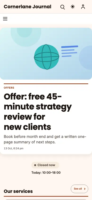 Cornerlane — Blog app, phone view