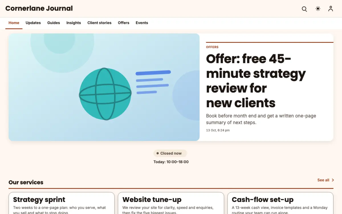 Cornerlane — Blog website template, desktop view