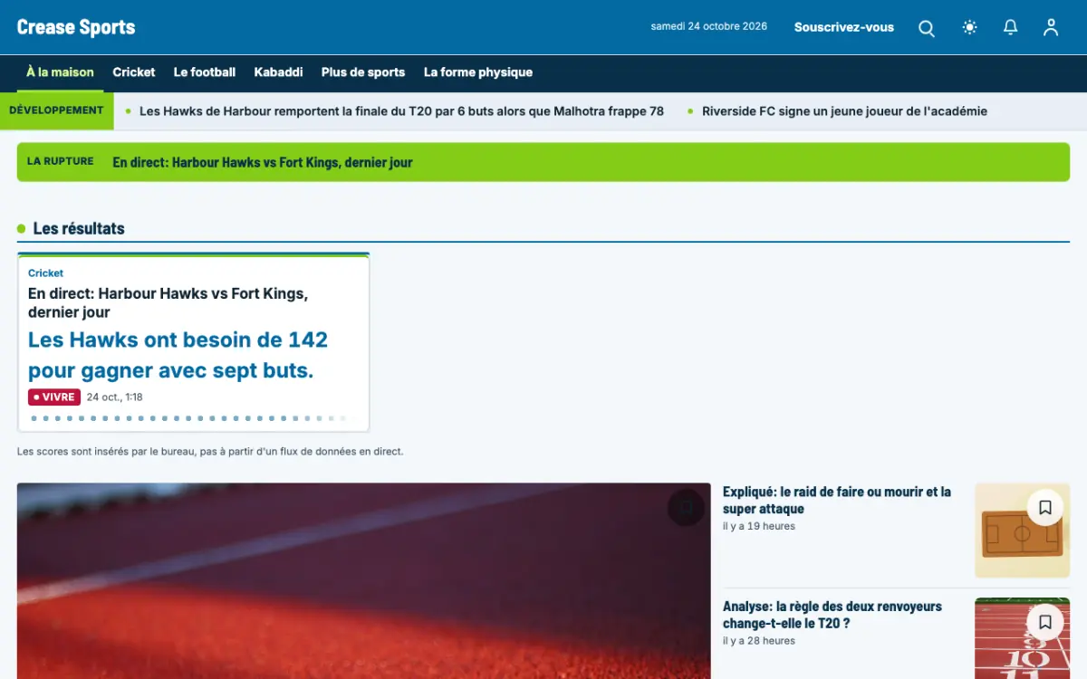 Crease — modèle de site web Actualités Sport, vue sur ordinateur