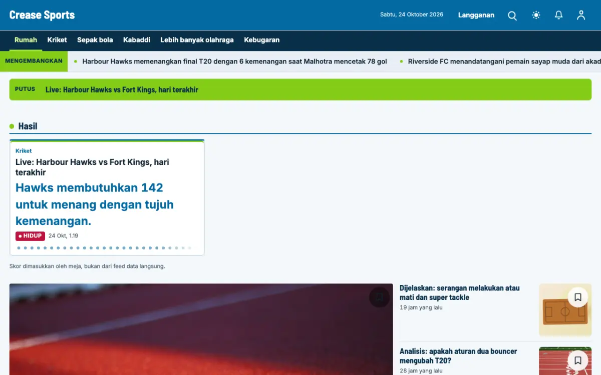 Crease — template situs Berita Olahraga, tampilan desktop