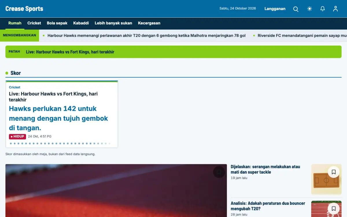 Crease — templat laman web Berita Sukan, paparan desktop
