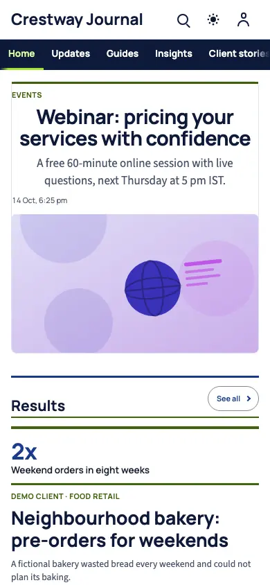 Crestway — Blog app, phone view