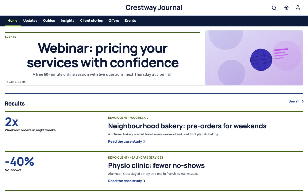 Crestway — Blog website template, desktop view