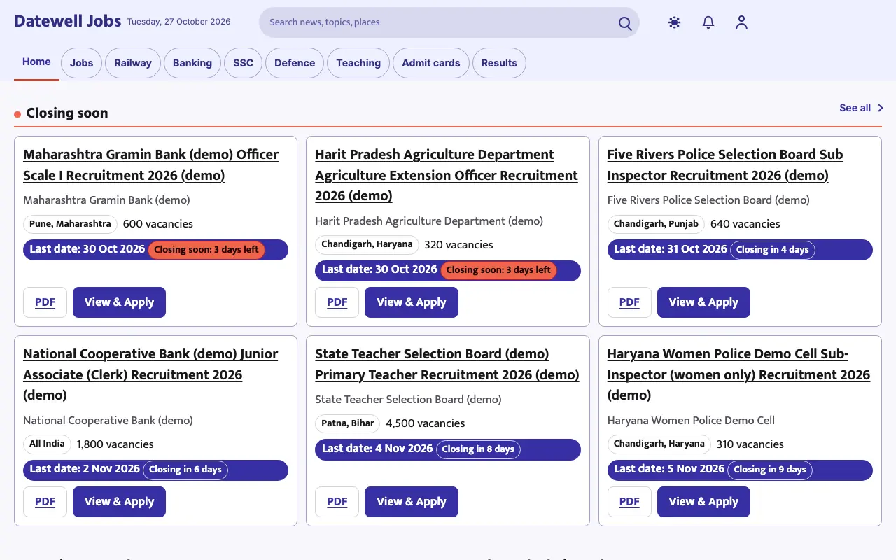 Datewell — Jobs website template, full desktop view