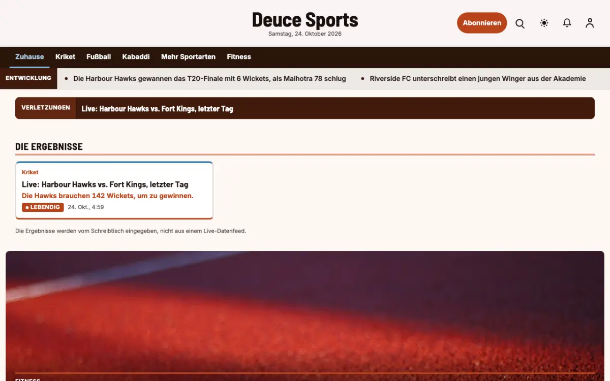 Deuce – Website-Vorlage für Sport-News, Desktop-Ansicht