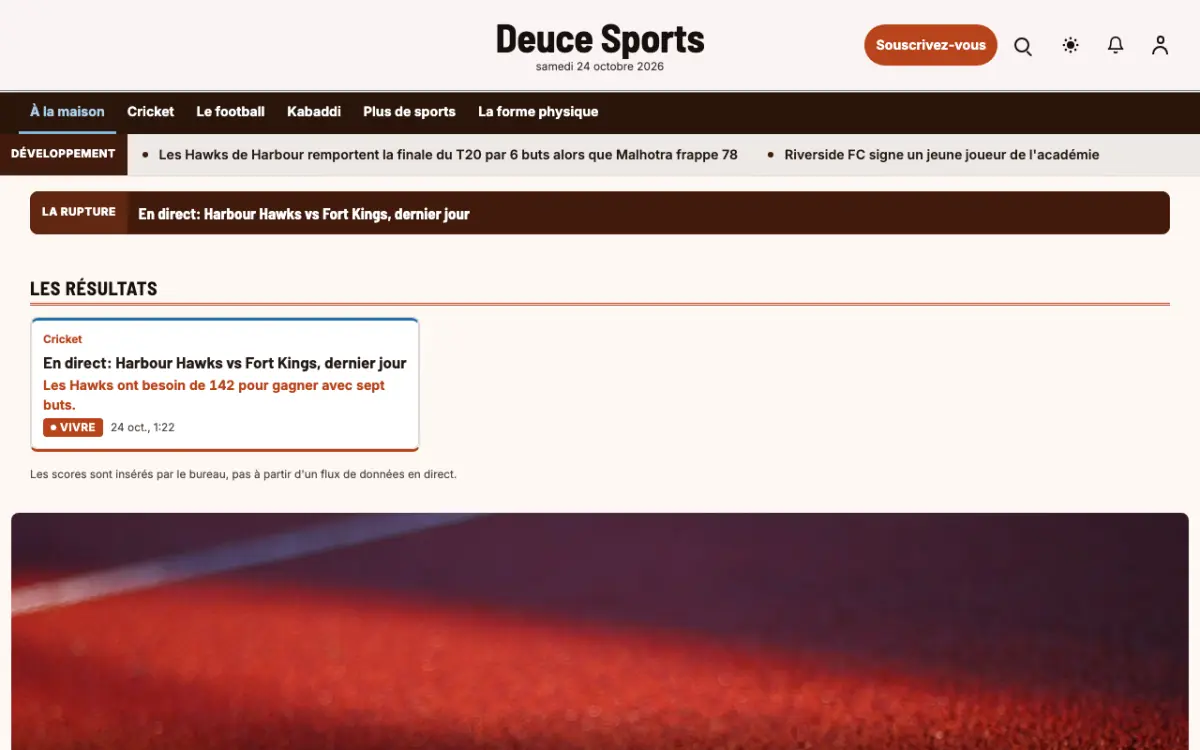 Deuce — modèle de site web Actualités Sport, vue sur ordinateur