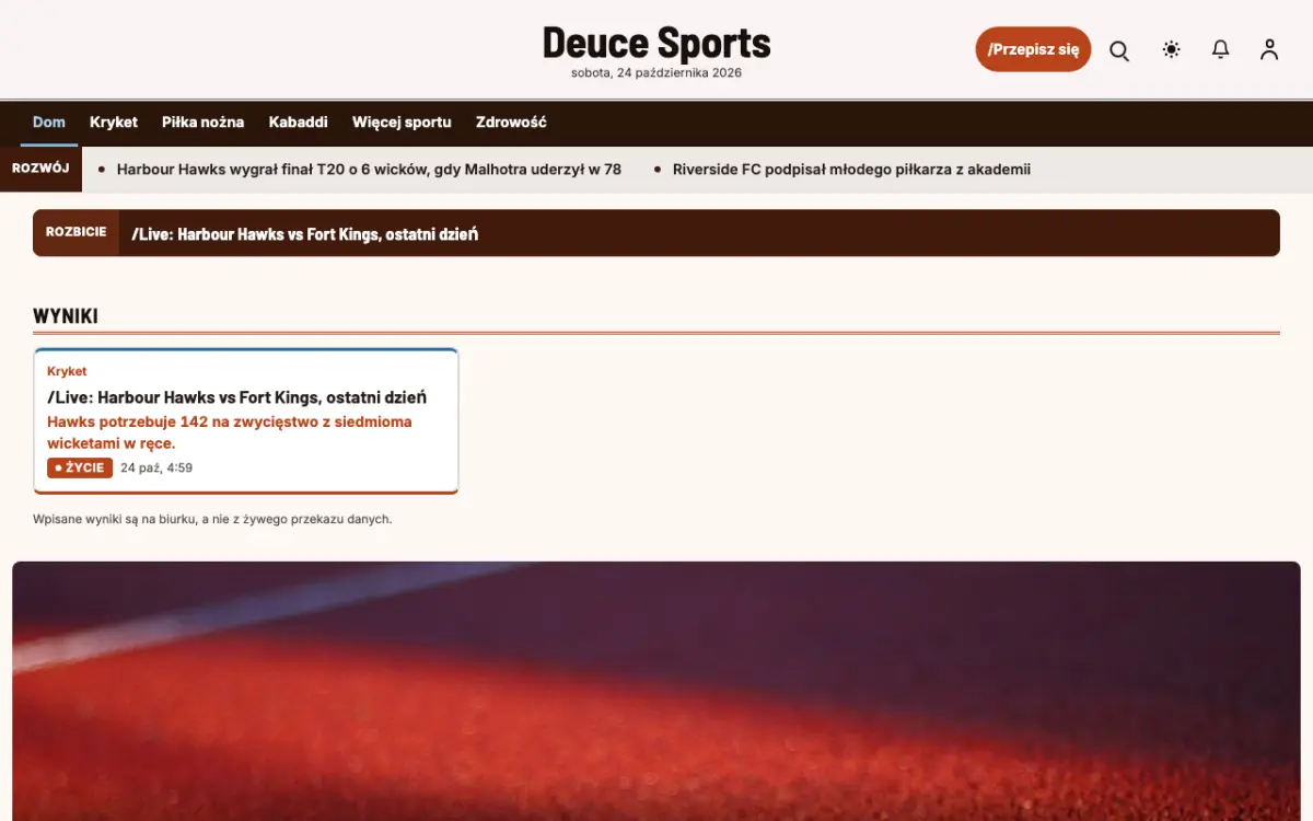 Deuce – szablon strony (Sport: wiadomości), widok na komputerze