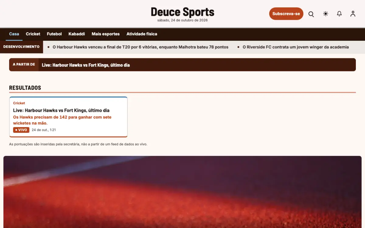 Deuce — modelo de site de Notícias de Esportes, visualização em desktop