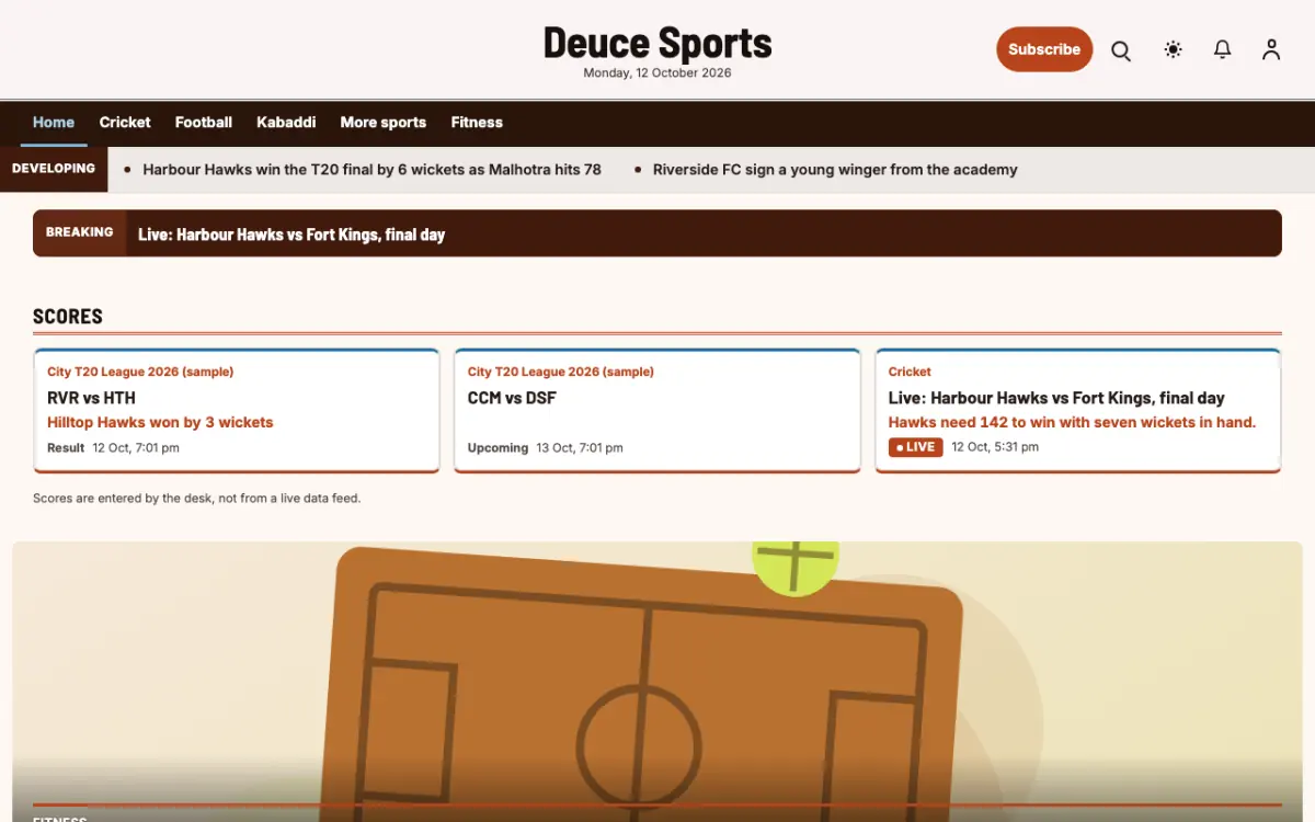 Deuce — Sports News website template, desktop view