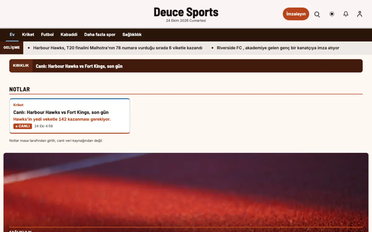 Deuce — Spor Haberleri web sitesi şablonu, masaüstü görünümü