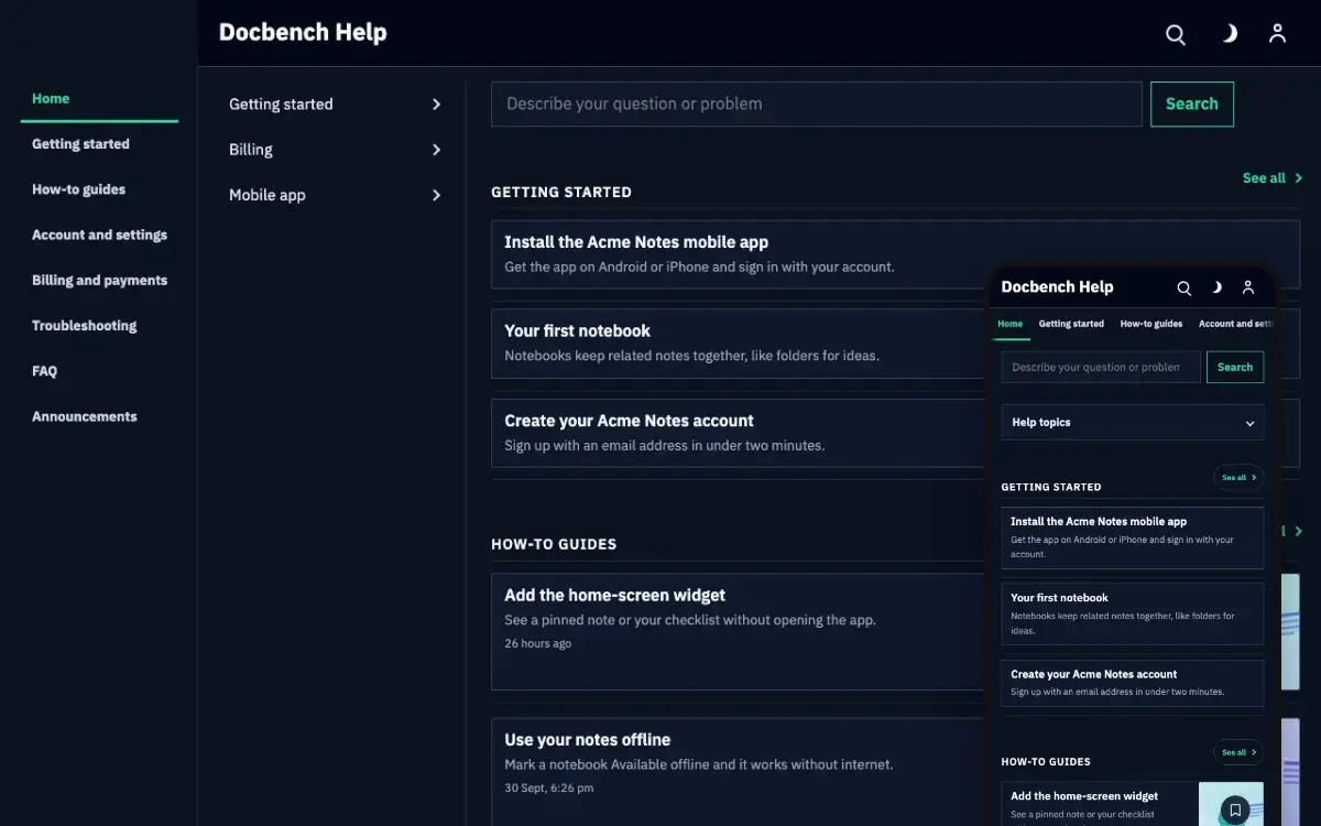 Docbench — Support Center 웹사이트 템플릿, 데스크톱 화면