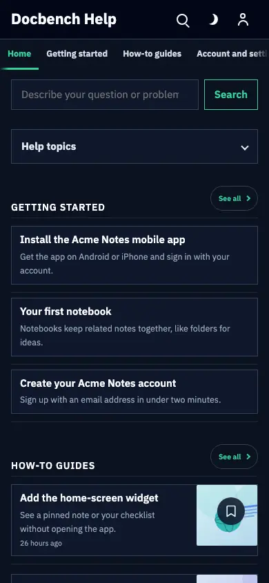 Docbench — Support Center app, phone view