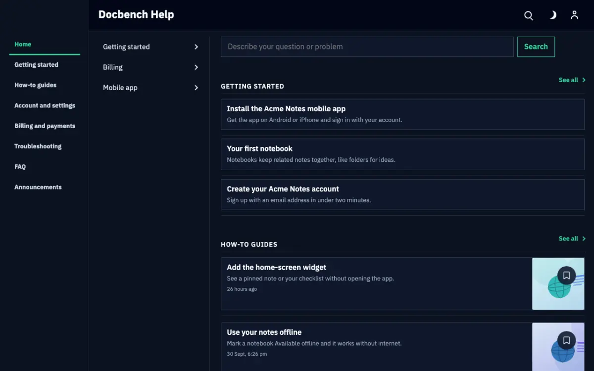 Docbench — Support Center website template, desktop view