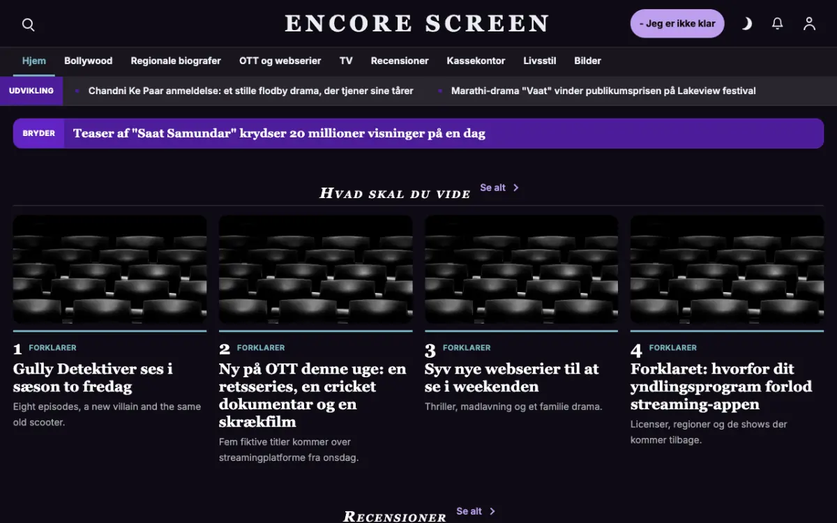 Curtaincall – hjemmesideskabelon til Underholdning News, skrivebordsvisning
